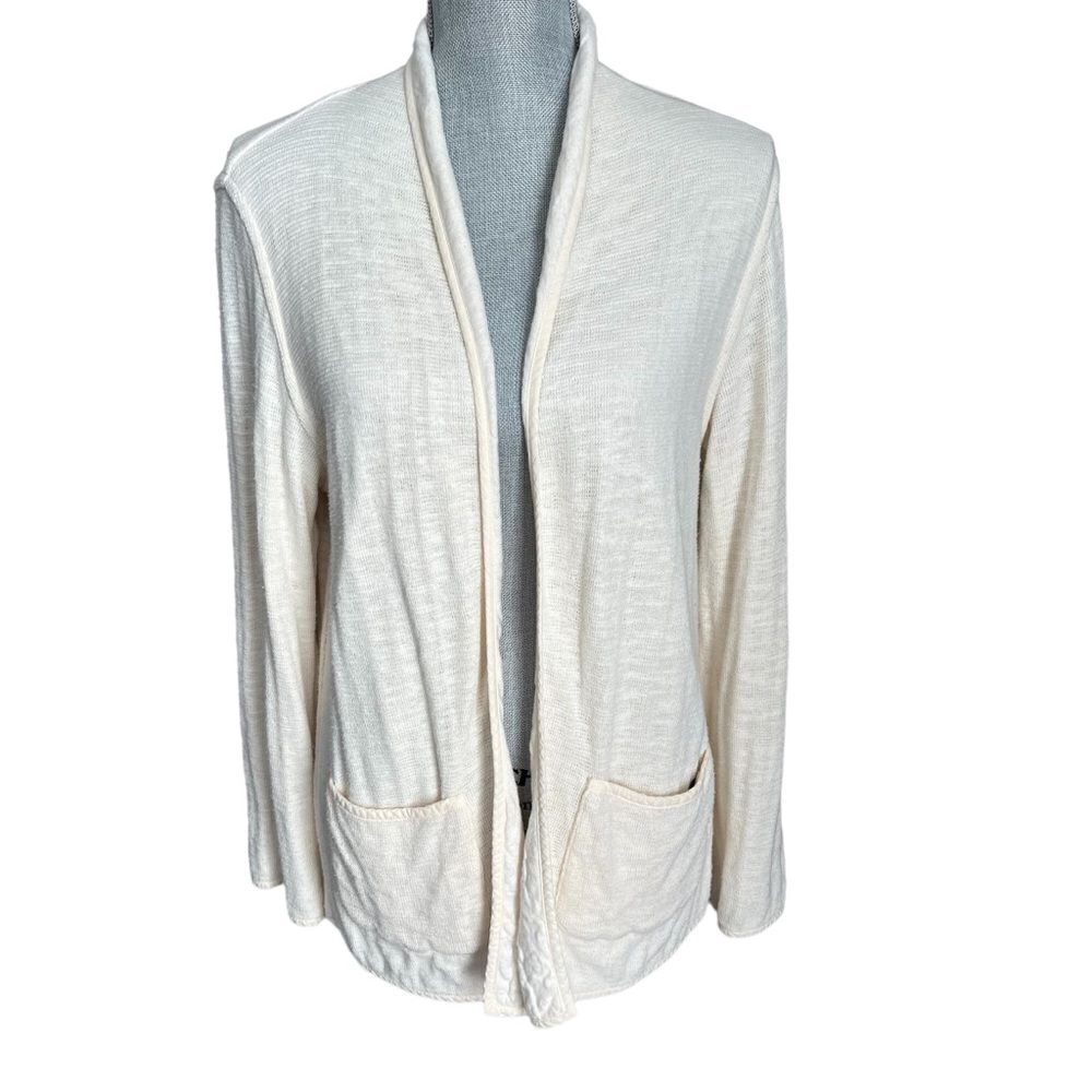Eileen Fisher Cardigan Sweater Womens Medium Ivory 100% Organic Cotton Pockets
